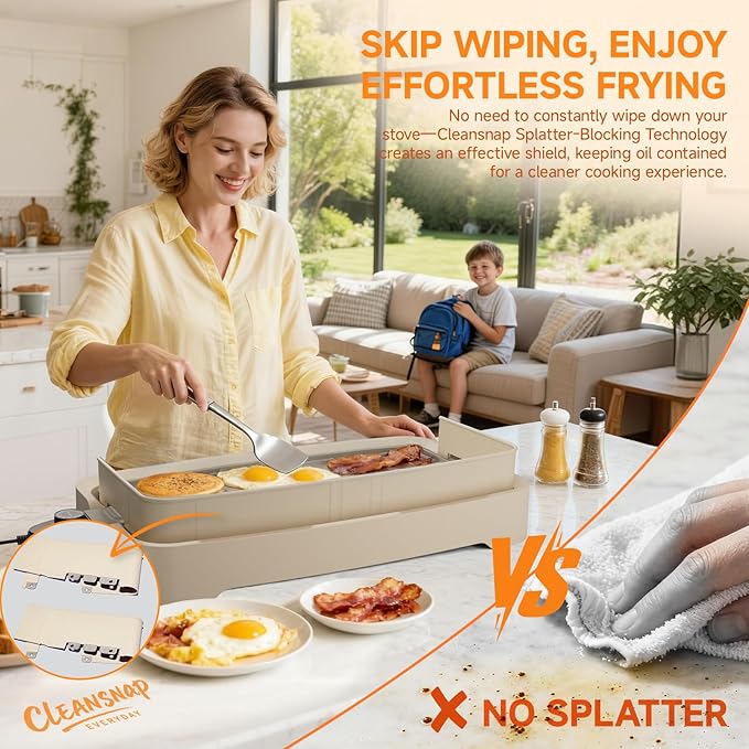 Cleansnap Everyday Electric Griddle, Great Gift for Family Feasts - 20” Nonstick Grill with Foldable Anti-Mess Shield, Rapid 1700W Hea & PPG Ceramic Coating, Dishwasher Safe, Vanilla Cream