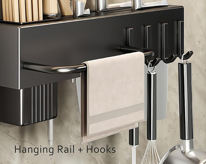 SEIDO Carbon Steel Utensil Rack – Space-Saving 24" L Kitchen Organizer with hooks & hanging bar, Matte Black Knife Holder, 2 Installation Options (Adhesive/Screwed)