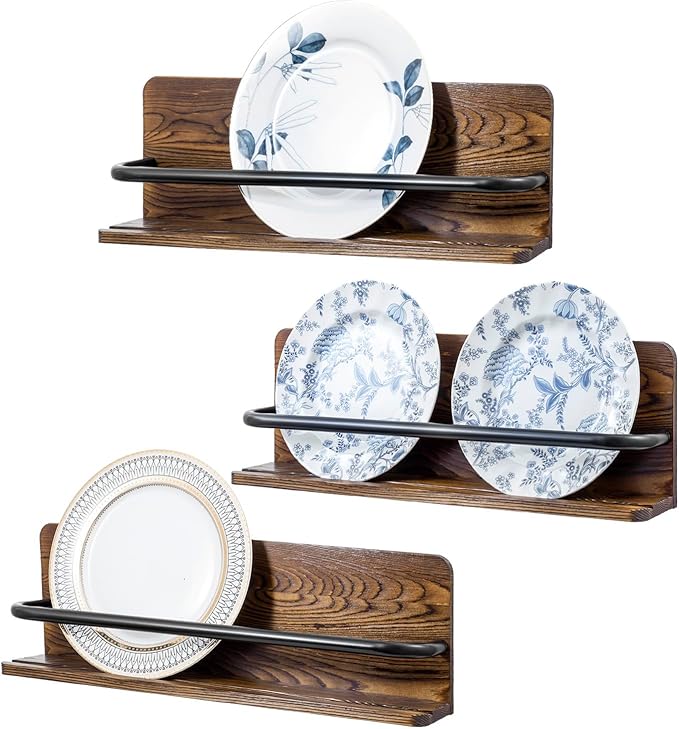 MyGift Plate Wall Hangers for Display, Set of 3 Wall Mounted Plate Rack for 6 to 10 Inch Plates, Decorative Wood Stand Shelf and Black Metal Rack Decor Hangers