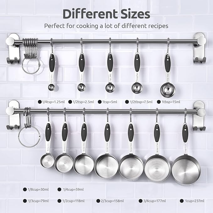 U-Taste 12 Piece Measuring Cups and Spoons Set in 18/8 Stainless Steel, and 18/8 Stainless Steel 3.9 inch 30 Mesh Strainer (Black)