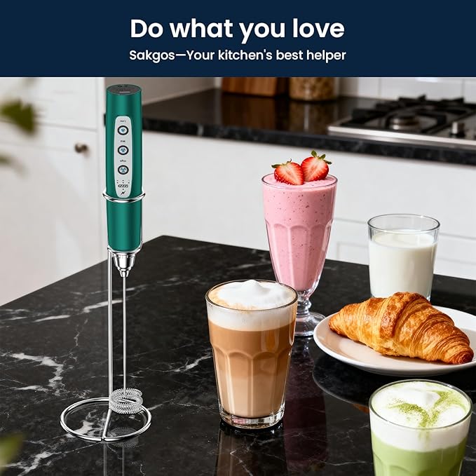 Sakgos Milk Frother with Stand-Rechargeable Handheld Coffee Frother with 3 Stainless Whisks 3 Speed Adjustable, Electric Whisk Drink Mixer, Foam Maker Blender for Matcha Latte Cappuccino Chocolate
