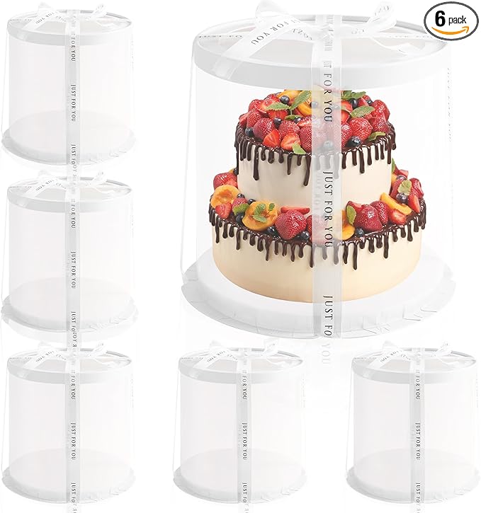 JCD Multi-Layer 6 Pack Clear Cake Box with Ribbon,Tall Cake Box Carrier, Tiered Transparent Cake Packaging Boxes 10 Inch, PET Round Cake Containers for Party (Clear lid, Round 10inch/6pcs)