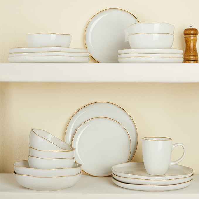 32 Piece White Dinnerware Set with Pasta Bowls, Reactive Glaze Stoneware for 8 | Perfect for Multi‑Course Dinners, Hosting Large Groups, Holiday Serving Needs