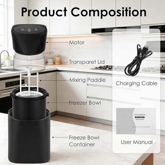 KITOART Ice Cream Maker Machine, Premium Electric Ice Cream Mini Maker Machine for Gelato, Sorbet & Frozen Yogurt - Low-Noise Operation - Easy to Clean