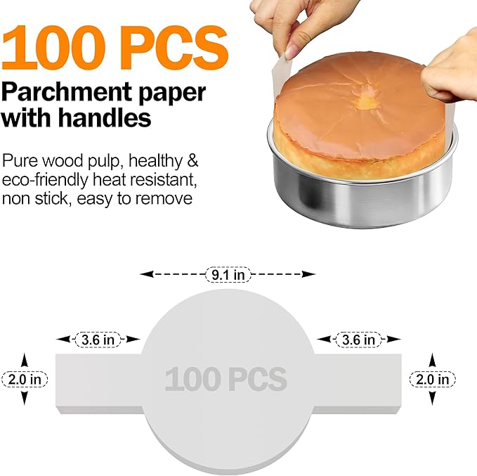 9 Inch Cake Pans Set of 2 with 100 Pieces Parchment Paper, Stainless Steel Round Cake Pans Baking Pan For Layered Cakes, No Coating Smash Cake Pans Mirror Finish Dishwasher Safe Cake Mold