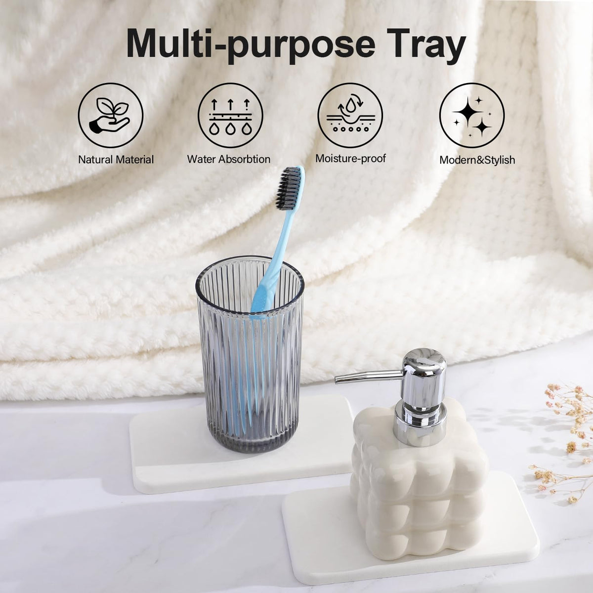 Water Absorbing Stone Tray for Sink | Quick Drying Diatomaceous Earth Coasters | Soap Dish Holder & Toothbrush Holder for Bathroom Counter | Hand Soap & Plant & Toiletries | White 2 Pack