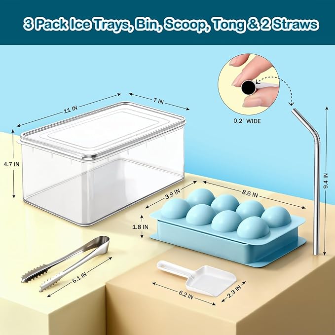 Mini Ice Cube Tray Set & 8 Cicles Ice Trays Set - 7 Trays, 2 Bins, 2 Scoops, 2 Tongs & 4 Straws
