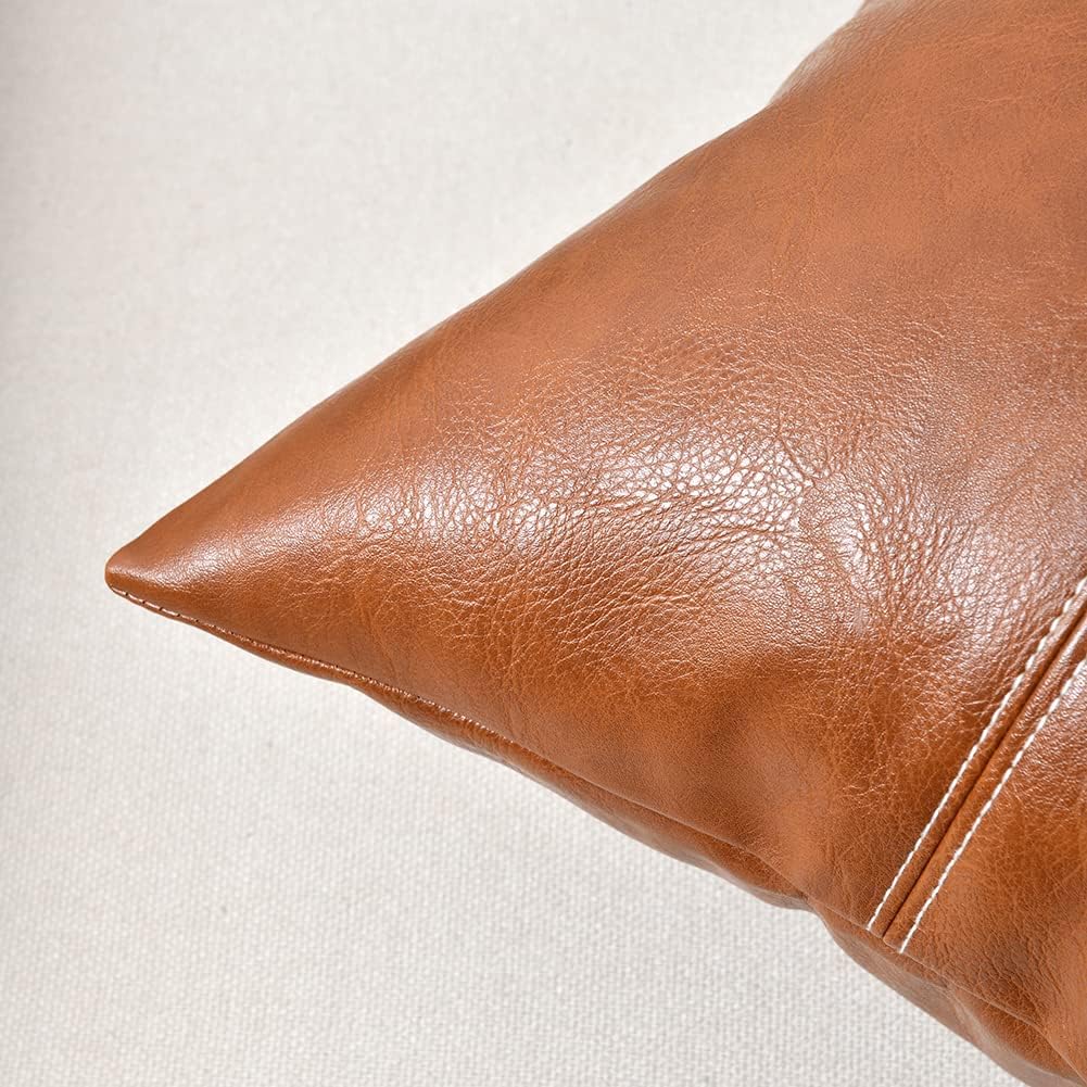 Fancy Homi Brown Boho Lumbar Faux Leather Decorative Throw Pillow Covers 12x20 Inch for Living Room Couch Bed Sofa, Hand Stitched Rectangle Cushion Case 30x50 cm, Rustic Modern Farmhouse Home Decor
