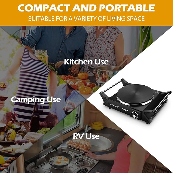 Hot Plate, Techwood Electric Stove for Cooking, 1500W Countertop Single Burner with Adjustable Temperature and Handles, 7.3” Cooktop for RV/Home/Camp, Compatible for All Cookwares Black