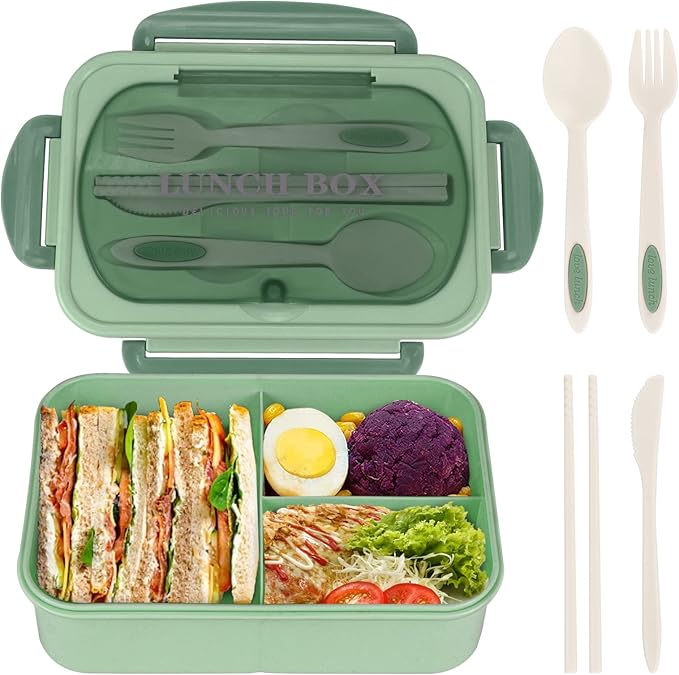 NatraProw Bento Box for Adult, 1200 ML Lunch Containers for Adults, LeakProof Lunch Box with Utensils, BPA Free, 3 Compartment Bento Box Microwave Safe, Green