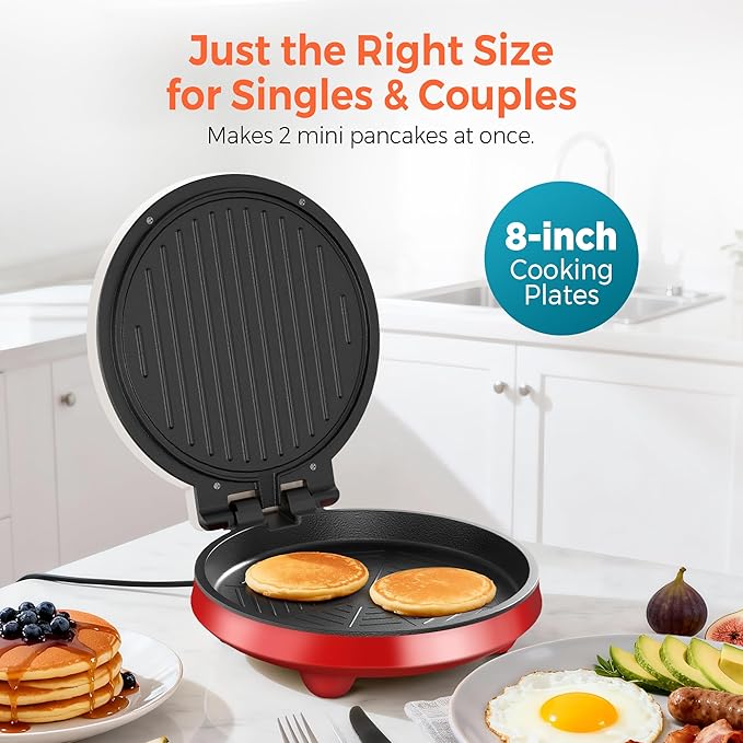 3-in-1 Electric Griddle & Panini Press - CACHOO 8" Nonstick Round Griddle and Sandwich Press with On/Off Switch, 180° Open Design, Perfect for Pancakes, Omelettes, Quesadillas, Veggies (Red/Beige)