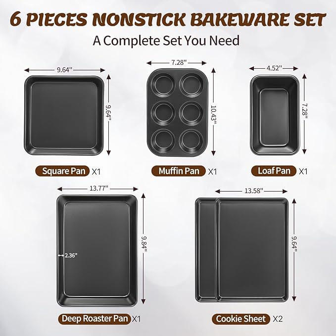 Baking Pans Set, Nonstick Bakeware Sets, Oven Pans for Cooking, AIVIKI 6 Pieces Baking Sheets Set Including Cookie Sheet, Deep Roaster Pan, Square Pan, Loaf Pan, Muffin Pan, Carbon Steel Baking Set