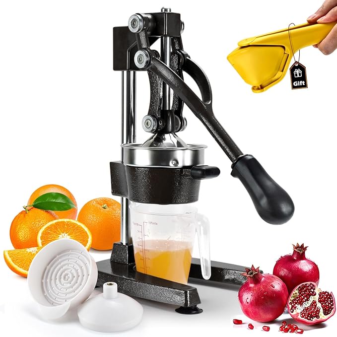 ROEDEER Heavy-Duty Manual Citrus Juicer – Cast Iron Orange Juicer Squeezer, Dual-Die Head, Manual Juicer, Citrus Squeezer, Lemon Juicer Manual & Pomegranate Juicer for Fresh Juice (Black)