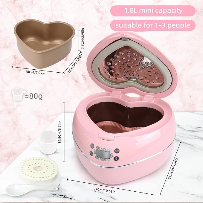 Heart Shaped Pink Rice Cooker, Small Multifunctional Peach Heart Shape 300W High Power, Preset Timer, Automatic Heat Preservation, Cute Rice Cooker for New Year, Valentine's Day Gifts (1.8L, 4Cups)