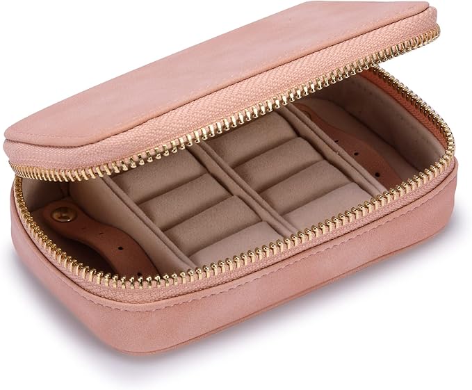 HISCOW Vegan Leather Travel Jewelry Case with Zipper - Portable Necklace & Earring Holder Organizer for Women Girls, Velvet-Lined Ring Box with Anti-Tarnish Design, Pink