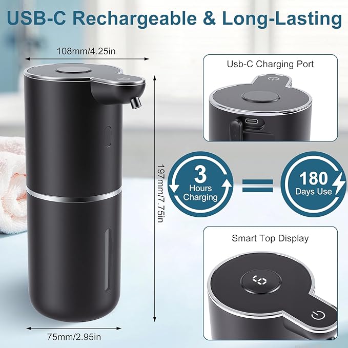 Automatic Soap Dispenser, Hand Soap Dispenser 12.8oz/380ml Smart Rechargeable, Black Soap Dispensers with 6-Level Touchless, Wall Mounted or Countertop Dish Soap Dispensing for Bathroom & Kitchen