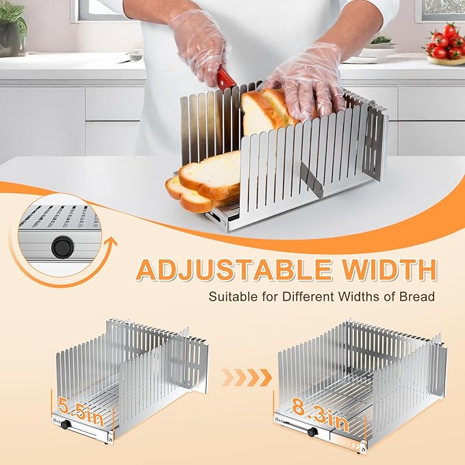 Stainless steel Bread Slicer for Homemade Bread,Adjustable Width,Foldable Compact,Bread Slicing Guide,Bread Loaf Slicer,for Cakes,Bagels,slice is 0.5",Bread width: 5.5"-8.3" (Mirror Silver)