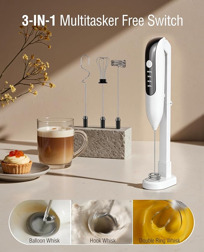 Dynooper 3 in 1 - Electric Whisk Milk Foamer, Electric Whisk Foam Maker for Coffee, Lattes, Cappuccino, Matcha, Hot Chocolate & Creamer - Ceramic White