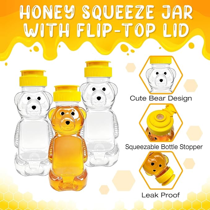 36 Pcs Honey Bear Bottle, 8oz Plastic Honey Squeeze Bottle Honeybear Squeeze Jars, Cute Empty Container with Yellow Flip-top Lid for Syrup Sauce Juice Storing and Dispensing Party Favors
