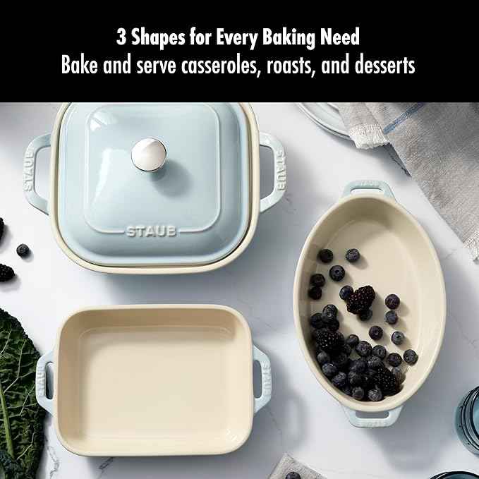 Staub Ceramic 4-pc Baking Pans Set, Casserole Dish with Lid, Brownie Pan, Light Blue