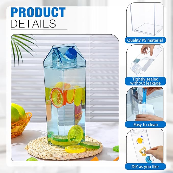 Remerry 3 Pcs Milk Carton Water Bottle Square Plastic Coffee Portable Reusable Milk Carton Cup Leakproof Juice Bottle