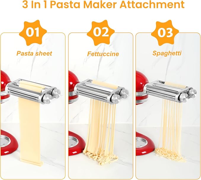 Pasta Maker Attachment for KitchenAid Mixers, Pasta Attachments 3 in 1 Set Included Dough Roller, Spaghetti and Fettuccine Cutters, Noodle Maker Accessory