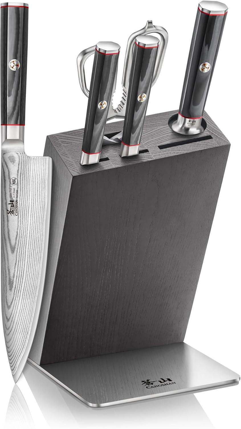 Cangshan YARI Series HUA Knife Block Set, X-7 Damascus Steel, Ash Wood Block (6-Piece)