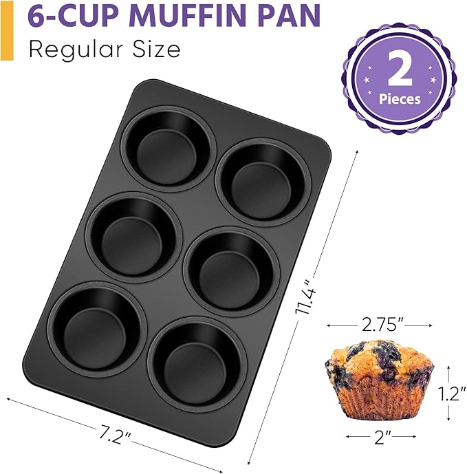 E-far Non-stick Muffin Pan Set of 2, 6-Cup Muffin Cupcake Pan Tin for Oven Baking, Easy Release & Clean, Regular Size - 11.44 x 7.12 x 1.25 Inch
