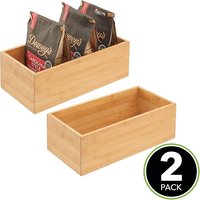 mDesign Bamboo Wood Organizer Storage Bin Box for Kitchen, Pantry, and Drawer Organization; Holder for Snacks, Juice Boxes, Utensils, Tea, Coffee - Echo Collection - 2 Pack - Natural