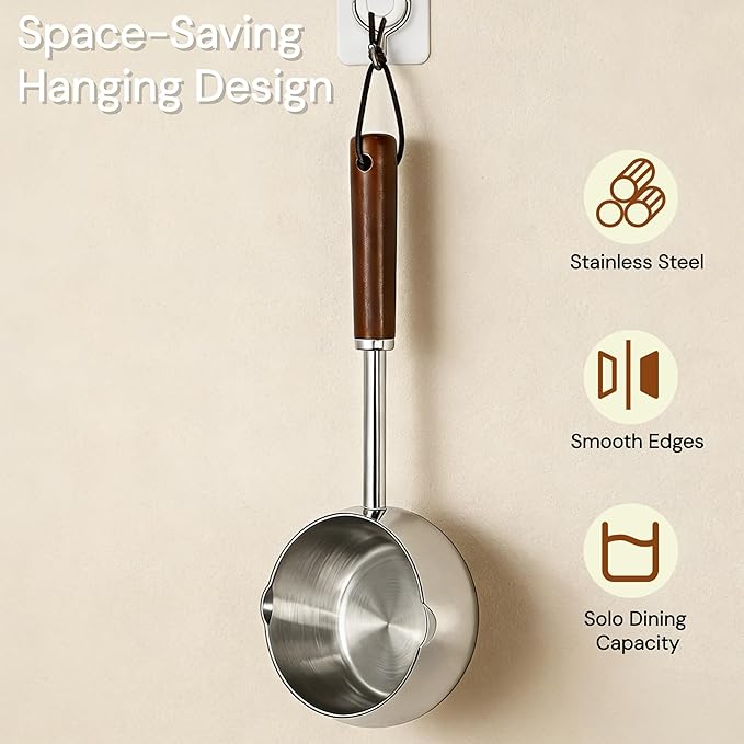 Mini Milk Warmer Pot, 15 OZ/450 ml Stainless Steel Melting Pot, Hot Oil Pan with Wood Handle, Dual Spouts Small Saucepan for Seafood Butter Chocolate Cooking Restaurant Kitchen Camping