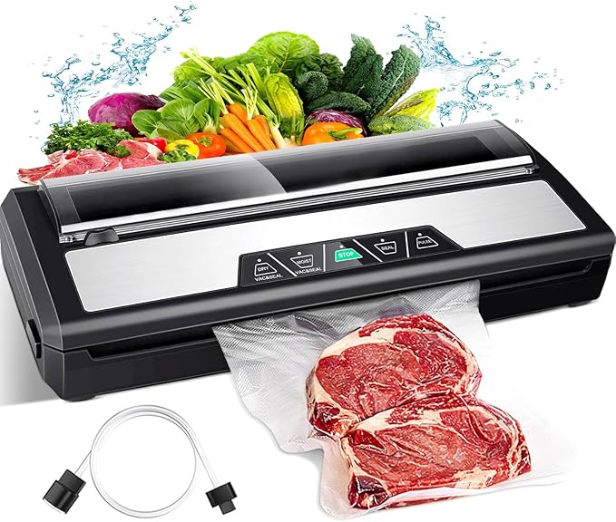 Vacuum Sealer Machine, Food Sealer Machine 80KPA Automatic for Food Saving Dry/Moist Mode with Build-in Cutter & Storage, Air Suction Hose, One-Touch,High Suction Power