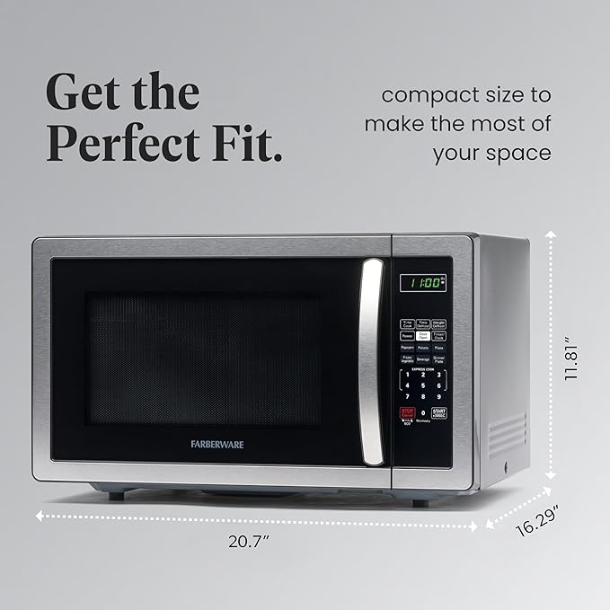 Farberware 1.1 Cu. Ft. Countertop Microwave Oven – 1000 Watts Power, Auto Cook Settings, Defrost, Easy Clean and Child Safety Lock - Stainless