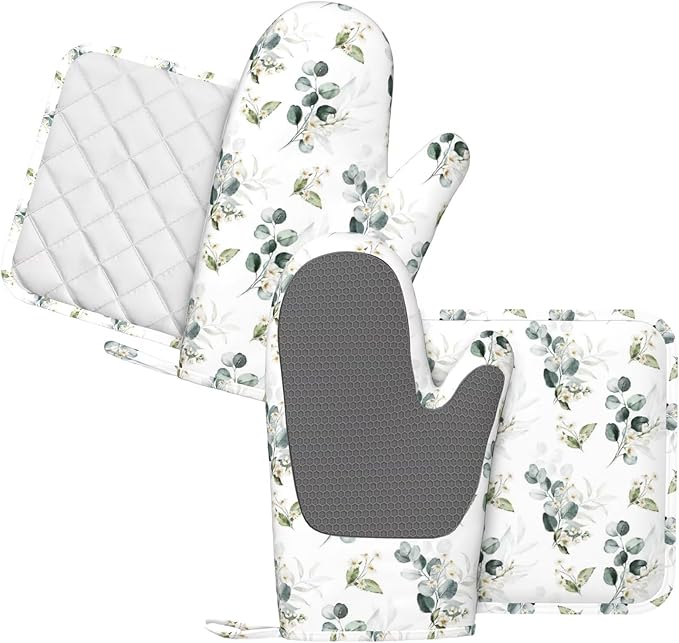Sage Green Eucalyptus Oven Mitts and Pot Holders Sets Silicone Watercolor Plant Leaves Floral Kitchen Oven Mitts Hot Pads Heat Resistant Potholders Kitchen Mitts Set for Baking BBQ Cooking