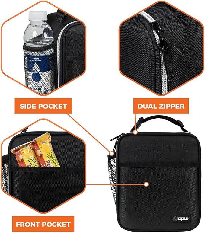 opux Premium Insulated Lunch Box, Soft School Lunch Bag for Kids Boys Girls, Leakproof Small Lunch Pail Men Women Work, Reusable Compact Cooler Tote Lunchbox for Office Adult, Black