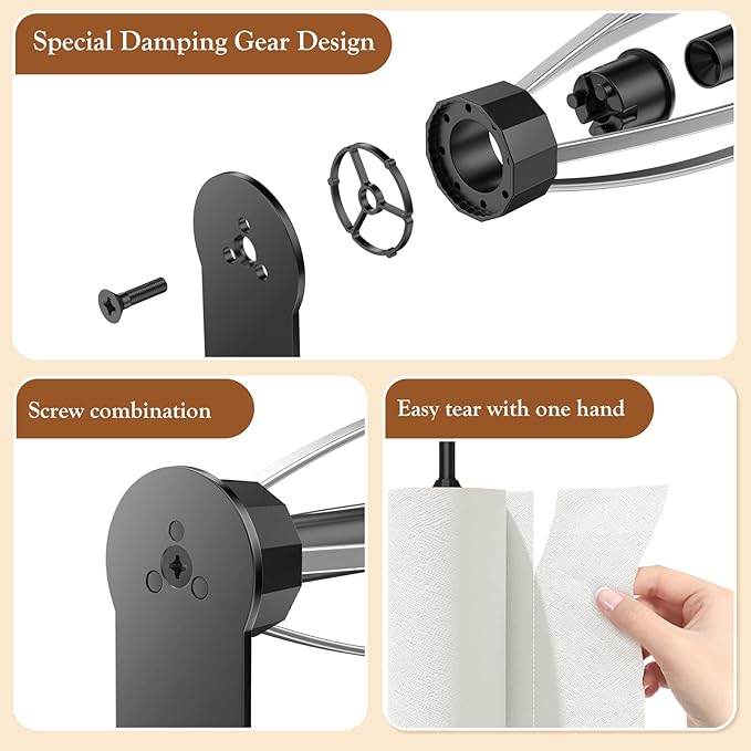 3 Pack Paper Towel Holder Under Cabinet + 2 Towel Robe Hooks, Single Hand Operable Wall Mount Paper Towel Holder with Damping Effect, Adhesive or Drilled Paper Roll Holders for Kitchen, Bathroom, RV