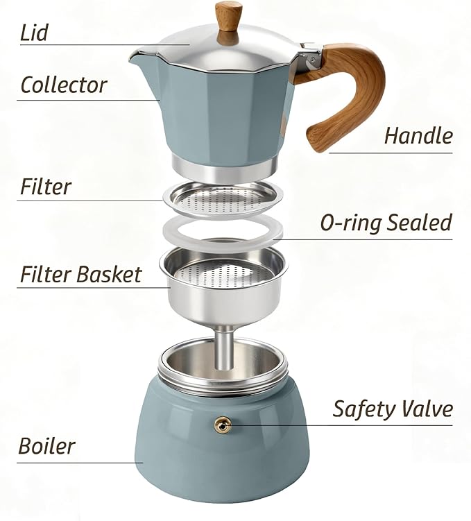 AGOGO Milano Moka Pot Stovetop Espresso Maker with 100 Paper Filters for Sediment-Free Coffee, Classic Italian Greca with Wood-Grain Handle,Cleaning Brush & Towel 6 Cup (10oz / 300ml) Lake Blue