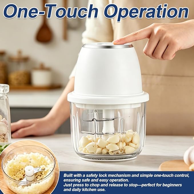 Electric Garlic Chopper, 2026 Upgraded Mini Food Processor 350ml, Cordless USB Rechargeable Food Chopper with 6 Stainless Steel Blades & Thickened Glass for Garlic Ginger Nuts Meat (350ml-Blue)