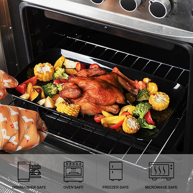 DELLING Large Serving Platter Set of 3, 16/14/12 Inch Porcelain Serving Trays for Party - Black Ceramic Rectangular Platters for Entertaining,Platter for Thanksgiving Christmas, Dishwasher Oven Safe