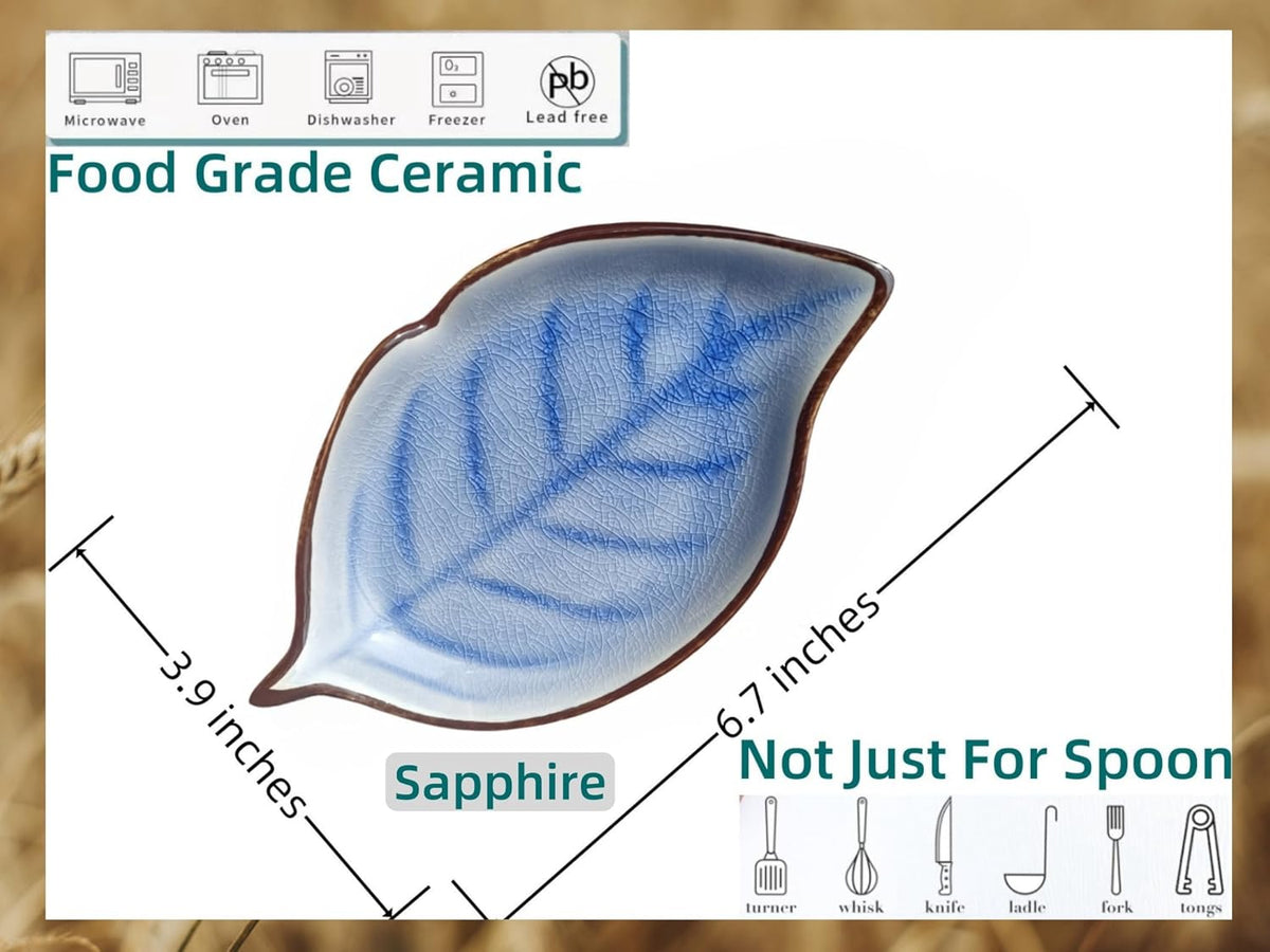 Ceramic Spoon Rest for Stove Top, Ice Cracks Leaf Cute Spoon Rest for Kitchen Counter, Cooking Spoon Holder for Kitchen Counter, Utensil Rest Spatula Rest Ladle Holder Tong Rest, 1 PC (A, Sapphire)