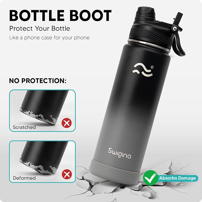 Swigina [2-IN-1 LID] Insulated Water Bottle with Silicone Boot (36hrs Cold/18hrs Hot) - DIY Stickers, Leakproof, BPA Free, 24 oz