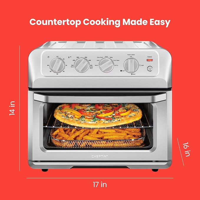 Chefman Air Fryer Toaster Oven XL 20L, Healthy Cooking & User Friendly, Countertop Convection Bake & Broil, 7 Cooking Functions, Auto Shut-Off 60 Min Timer, Nonstick Stainless Steel, Cookbook Included