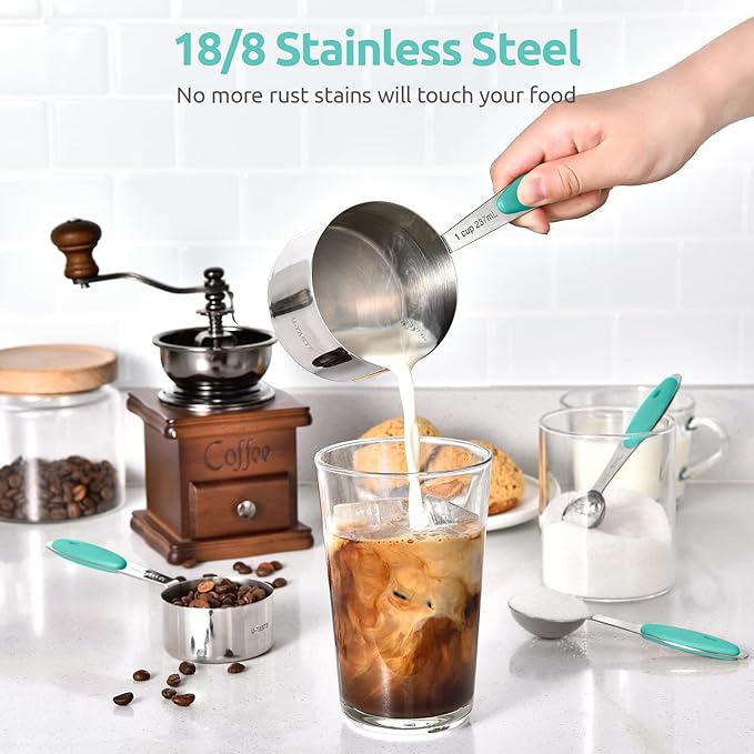 U-Taste 12 Piece Measuring Cups and Spoons Set in 18/8 Stainless Steel, and 18/8 Stainless Steel 3.9 inch 30 Mesh Strainer (Aqua Sky)