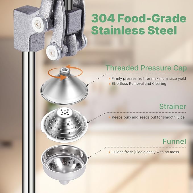 Cast Iron Juicer, 17"Tall & Sturdy Flat Base | Heavy-Duty Manual Hand Press Juicer For Orange Lemon Lime Pomegranate & Citrus, Orange Squeezer, Stainless Steel Cup, Easy to Clean, Silver Gray