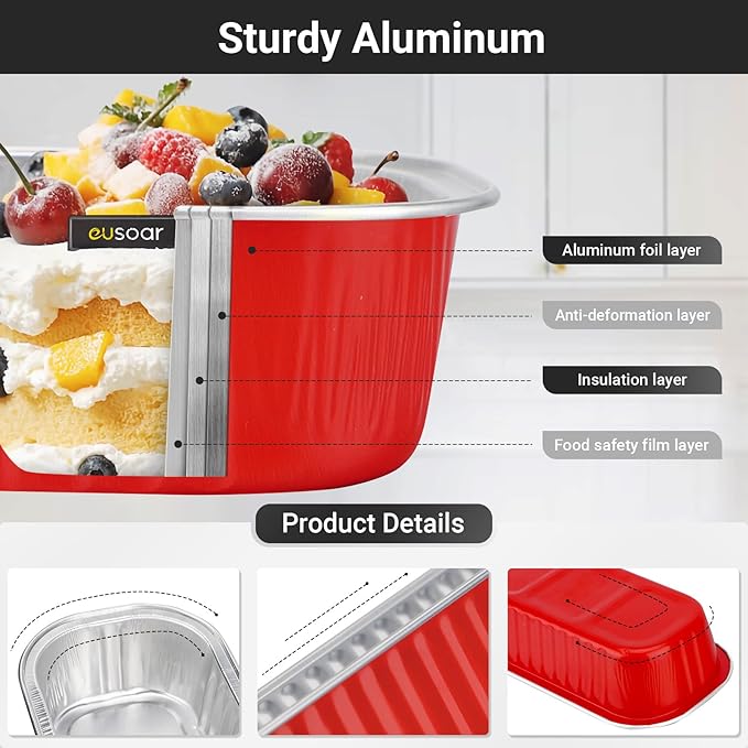 EUSOAR Disposable Ramekins with Lids, 25pcs 6.8oz 6.5"x2.5"x1.2" Aluminum Foil Mini Loaf Pans with Lids，Rectangle Cupcake Baking Cups Containers Wrappers, Dessert Cheesecake Creme Brulee Ramekins Pan
