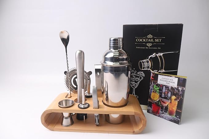 10-Piece Stainless Steel Cocktail Shaker Set with Stand – Bartender Kit w/Martini Shaker, Jigger, Strainer, Ice Tools & Decanter for Home Bar, Party & Gift