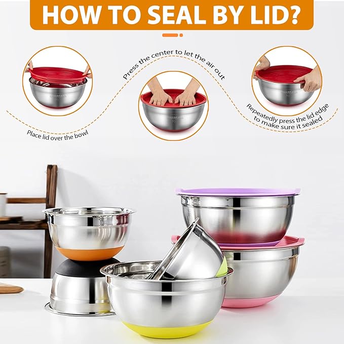 CHAREADA Mixing Bowls with Airtight Lids, 18pcs Stainless Steel Nesting Mixing Bowls Set Non-slip Silicone Bottom, Size 4.5, 3.6, 2.7, 2.1, 1.7, 1.1, 0.7 qt, Fit for Mixing & Serving(Colorful)