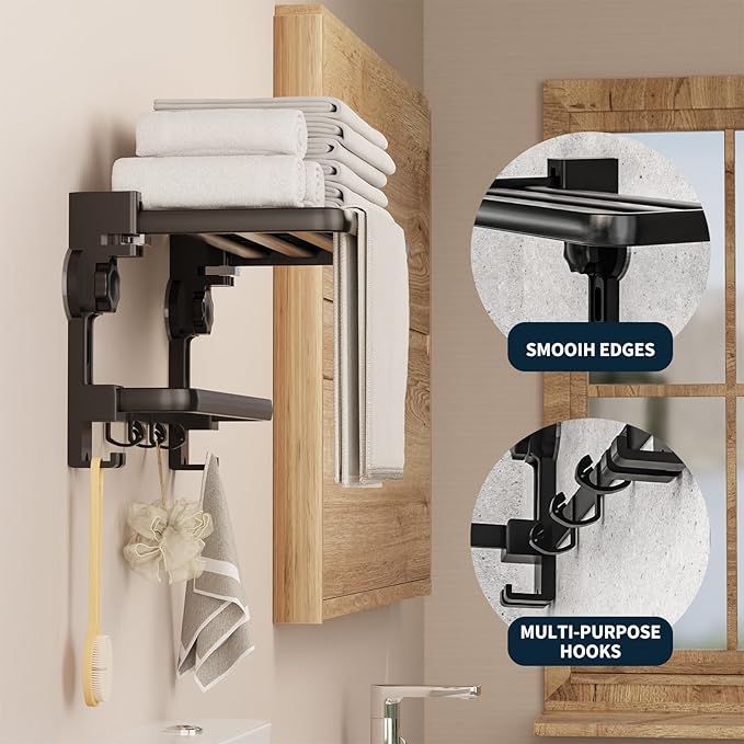 Towel Rack with Towel Bar Holder Suction Cup Foldable Towel Shelf No Drill with 7 Hooks Rustproof Towel Storage Wall Mount for Bathroom Lavatory Matte Blackish Gray20 Inch