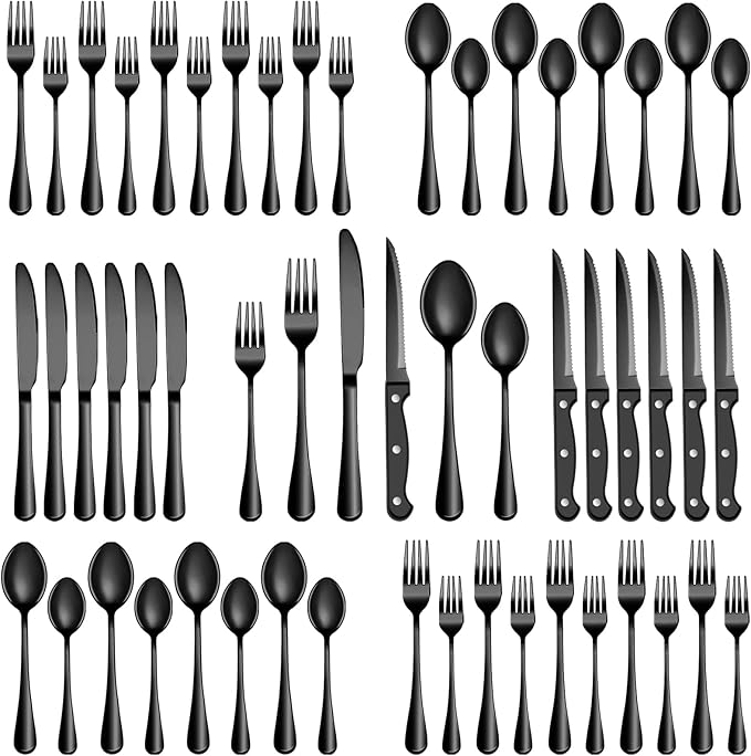 48 Pcs Black Silverware Set with Steak Knives, Stainless Steel Flatware Cutlery Set Service for 8, Kitchen Tableware Set, Utensil Set for Home and Restaurant, Knives Forks Spoon Set, Dishwasher Safe