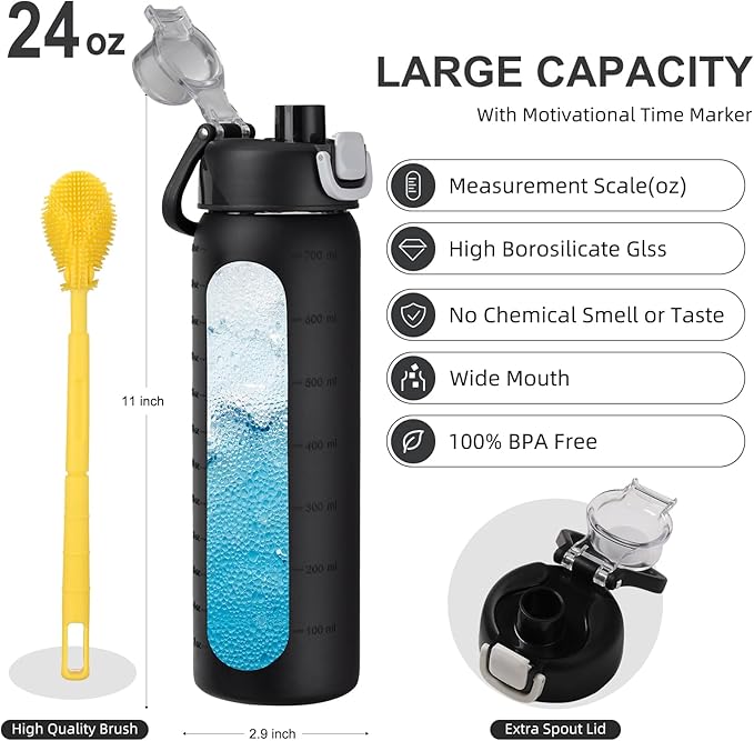 chunmo 24 oz Glass Water Bottles with 2 Lids-Handle Spout Lid & Straw Lid, Motivational Water Bottle with Time Marker and Silicone Sleeve,Leakproof-Black-1 Pack