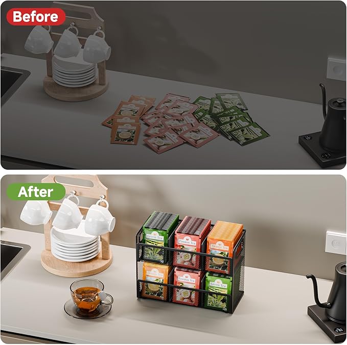 2 Tier Tea Bag Organizer, Mesh Tea Bag Holder with Handle, Teabag Holder, Tea Station Organizer for Countertop, Pantry, Kitchen, Cabinet -Black